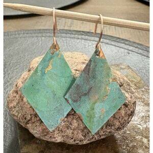 Brass Geometric Diamond Earrings Handmade Verdigris Patina Rustic Jewelry